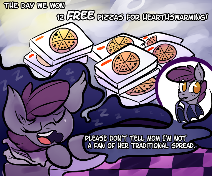 Size: 900x750 | Tagged: safe, artist:shibaroll, deleted from derpibooru, derpibooru import, oc, oc:night stitch, unofficial characters only, bat pony, pony, ask night stitch, ask, dream, food, pizza, pizza box, sleeping, tumblr