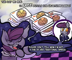 Size: 900x750 | Tagged: safe, artist:shibaroll, deleted from derpibooru, derpibooru import, oc, oc:night stitch, unofficial characters only, bat pony, pony, ask night stitch, ask, dream, food, pizza, pizza box, sleeping, tumblr