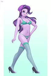 Size: 1432x2150 | Tagged: suggestive, artist:zelc-face, derpibooru import, starlight glimmer, equestria girls, mirror magic, spoiler:eqg specials, alternative cutie mark placement, beanie, belly button, bra, breasts, clothes, crotchmark, female, green underwear, hat, high heels, lingerie, looking at you, panties, shoes, simple background, socks, solo, solo female, stockings, thigh highs, underwear, walking
