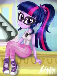 Size: 1536x2048 | Tagged: safe, artist:artmlpk, derpibooru import, sci-twi, twilight sparkle, equestria girls, bow, canterlot mall, clothes, converse, cute, escalator, fashion, fountain, jeans, looking at you, pants, ponytail, shoes, smiling, smiling at you, sneakers, solo, twiabetes