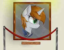 Size: 3200x2500 | Tagged: safe, artist:starmaster, derpibooru import, oc, oc:littlepip, unofficial characters only, pony, unicorn, fallout equestria, fanfic, bust, clothes, fanfic art, female, framed picture, horn, mare, portrait, serious, serious face, solo, vault suit