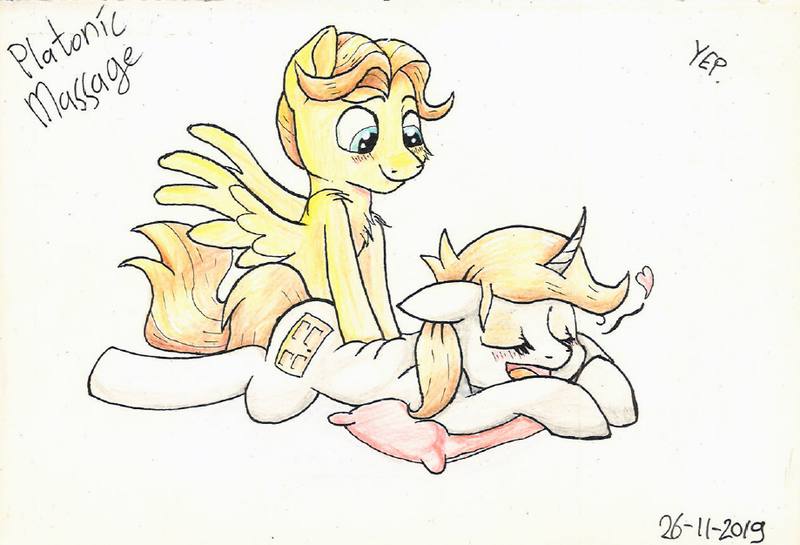 Size: 919x626 | Tagged: safe, artist:stjonal, derpibooru import, oc, oc:dorm pony, oc:stjonal, pegasus, unicorn, blushing, brown mane, chest fluff, curved horn, cute, duo, female, heart, horn, male, mare, massage, pencil drawing, pillow, platonic, sigh, simple background, smiling, stallion, traditional art, transparent background