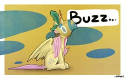 Size: 1024x638 | Tagged: safe, artist:ratann, derpibooru import, fluttershy, pegasus, pony, a health of information, buzzing, female, healer's mask, mare, mask, sitting, solo, speech bubble, spread wings, wings