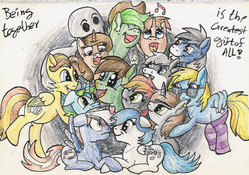 Size: 896x630 | Tagged: safe, artist:stjonal, derpibooru import, oc, oc:cloud cuddler, oc:drawbones, oc:forest, oc:gentle winds, oc:groentje, oc:inkwell saphire, oc:jazzy, oc:silver spark, oc:steam loco, oc:stjonal, unofficial characters only, earth pony, human, pegasus, unicorn, blushing, boop, clothes, female, glasses, group, group hug, hug, male, mare, owo, pencil drawing, simple background, singing, socks, stallion, striped socks, traditional art, uwu