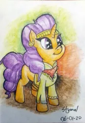 Size: 763x1103 | Tagged: safe, artist:stjonal, derpibooru import, saffron masala, pony, unicorn, adorkable, clothes, colorful background, curly hair, curly mane, cute, dork, ear piercing, earring, female, headband, jewelry, mare, orange coat, photo, piercing, purple eyes, saffronbetes, scarf, shirt, simple background, smiling, standing, traditional art, watercolor painting