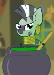 Size: 1425x1976 | Tagged: artist:puperhamster, cauldron, derpibooru import, looking at you, potion, safe, solo, zebra, zecora, zecora's hut