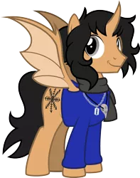 Size: 1962x2496 | Tagged: safe, artist:lightning stripe, derpibooru import, oc, oc:the deafhorse, unofficial characters only, alicorn, bat pony, bat pony alicorn, pony, bat wings, black mane, black tail, clothes, commission, curved horn, cutie mark, gray eyes, horn, jewelry, male, messy mane, necklace, orange coat, scarf, show accurate, simple background, solo, stallion, sweater, transparent background, vector, wings