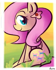 Size: 800x1000 | Tagged: safe, artist:rustydooks, derpibooru import, fluttershy, pegasus, pony, cute, female, flower, flower in hair, looking at you, mare, profile, shyabetes, sitting, solo