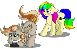 Size: 1280x817 | Tagged: safe, artist:rainbowtashie, author:bigonionbean, derpibooru import, carrot top, derpy hooves, golden harvest, oc, oc:clumsy carrot, oc:rainbow tashie, oc:rainbowtashie, earth pony, pegasus, pony, blushing, commissioner:bigonionbean, cutie mark, dat butt, dawwww, embarrassed, extra thicc, female, funny, fusion, fusion:clumsy carrot, mare, meme, nintendo 64, nintendo switch, simple background, sweat, thicc ass, transparent background