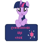 Size: 150x147 | Tagged: safe, artist:majkashinoda626, derpibooru import, twilight sparkle, unicorn, advertisement, commission info, commissions open, happy, open mouth, sign, simple background, solo, transparent background, unicorn twilight