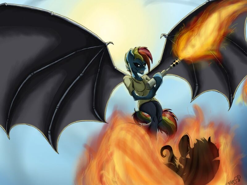 Size: 1920x1440 | Tagged: anthro, artist:mixdaponies, bat wings, breasts, derpibooru import, eddie, eddie the head, flamethrower, flight of icarus, grimdark, icarus, iron maiden, rainbow dash, rarity, semi-anthro, weapon, wings