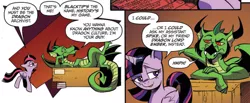 Size: 2583x1069 | Tagged: safe, artist:andypriceart, derpibooru import, idw, blacktip, twilight sparkle, twilight sparkle (alicorn), alicorn, dragon, pony, spoiler:comic, spoiler:comic61, armpits, comic, convocation of the creatures, cropped, duo, female, male, mare, official comic, on back, smug, smuglight sparkle, speech bubble