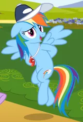 Size: 428x625 | Tagged: safe, derpibooru import, edit, edited screencap, screencap, rainbow dash, pegasus, pony, hurricane fluttershy, /mlp/, belly button, cap, coach rainbow dash, cropped, cute, dashabetes, flying, hat, solo, whistle, whistle necklace, wings