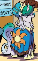 Size: 572x911 | Tagged: safe, artist:andypriceart, derpibooru import, idw, princess celestia, pony, spoiler:comic, spoiler:comic61, alternate hairstyle, clothes, cropped, crown, dress, eyes closed, female, hair up, hoof shoes, jewelry, mare, official comic, open mouth, outfit catalog, regalia, robes, solo focus