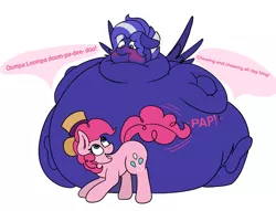 Size: 3000x2296 | Tagged: suggestive, artist:aaathebap, derpibooru import, pinkie pie, oc, oc:buttercream, earth pony, pegasus, belly, big belly, blueberry, blueberry inflation, blushing, butt, duo, food, hat, helpless, huge belly, huge butt, impossibly large belly, impossibly large butt, inflation, large butt, pegasus oc, tail, text, top hat, willy wonka, wings