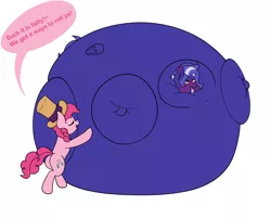 Size: 3000x2417 | Tagged: suggestive, artist:aaathebap, derpibooru import, pinkie pie, oc, oc:buttercream, earth pony, pegasus, belly, big belly, blueberry, blueberry inflation, blushing, butt, drool, duo, fat, fattening, food, hat, helpless, huge belly, huge butt, immobile, impossibly large belly, impossibly large butt, inflation, large butt, pegasus oc, rolling, tail, text, top hat, willy wonka, wings