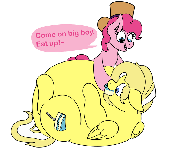Size: 2257x1981 | Tagged: suggestive, artist:aaathebap, derpibooru import, pinkie pie, oc, oc:buttercream, earth pony, pegasus, belly, big belly, cake, duo, fat, fattening, feedee, feeder, food, hat, helpless, huge belly, impossibly large belly, on back, pegasus oc, stuffing, suggestive eating, tail, text, top hat, willy wonka, wings