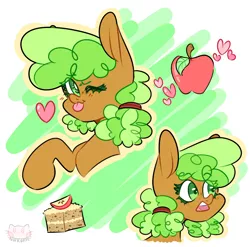 Size: 1280x1267 | Tagged: safe, artist:nullkunst, derpibooru import, apple brown betty, pony, :p, apple, apple brown betty (food), apple family member, bust, cute, eye clipping through hair, female, food, heart, looking at you, mare, one eye closed, open mouth, partial background, portrait, solo, tongue out, wink