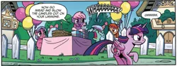 Size: 2466x924 | Tagged: safe, artist:brendahickey, derpibooru import, idw, twilight sparkle, twilight sparkle (alicorn), alicorn, pony, spoiler:comic, spoiler:comic63, balloon, birthday party, candle, cropped, crying, female, fence, filly, foal, food, lasagna, mare, ocular gushers, official comic, party, pasta, picket fence, running, speech bubble