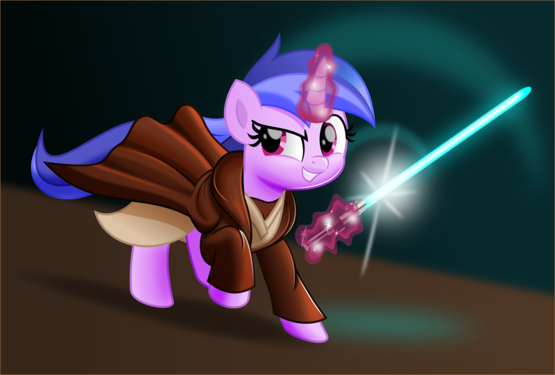 Size: 5000x3380 | Tagged: safe, artist:jhayarr23, derpibooru import, sea swirl, seafoam, pony, unicorn, background pony, clothes, commission, female, jedi, jedi knight, jedi robe, levitation, lightsaber, magic, mare, robes, smiling, solo, star wars, telekinesis, weapon