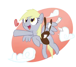 Size: 900x800 | Tagged: safe, artist:katichu-blog, derpibooru import, derpy hooves, pegasus, pony, abstract background, cloud, cute, derpabetes, envelope, female, flying, heart, letter, mailpony, mare, open mouth, satchel, simple background, solo, transparent background