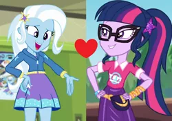 Size: 1450x1016 | Tagged: safe, derpibooru import, edit, edited screencap, screencap, sci-twi, trixie, twilight sparkle, equestria girls, equestria girls series, forgotten friendship, sunset's backstage pass!, spoiler:eqg series (season 2), canterlot high, female, lesbian, lockers, music festival outfit, sci-twixie, shipping, shipping domino, twixie