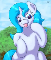 Size: 2200x2600 | Tagged: safe, artist:eisky, artist:frenchfreis, derpibooru import, oc, oc:crescendo, pony, unicorn, :p, cloud, day, horn, looking at you, sitting, sky, solo, tongue out, tree