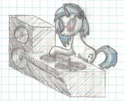 Size: 1213x983 | Tagged: safe, artist:mlplayer dudez, derpibooru import, vinyl scratch, pony, unicorn, glasses, graph paper, isometric, record, simple background, solo, speaker, traditional art, turntable