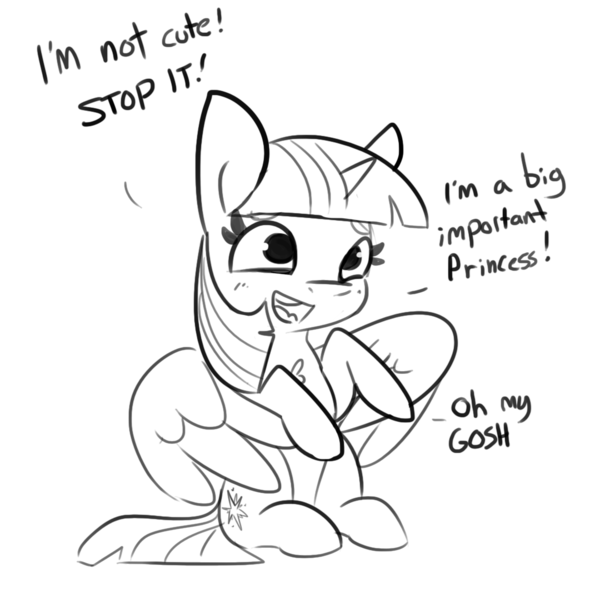 Size: 1080x1080 | Tagged: safe, artist:tjpones, derpibooru import, twilight sparkle, twilight sparkle (alicorn), alicorn, pony, blatant lies, blushing, cute, denial, denial's not just a river in egypt, female, i'm not cute, lying, mare, monochrome, open mouth, raised hoof, sitting, spread wings, tjpones is trying to murder us, twiabetes, wings