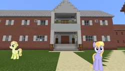 Size: 1334x750 | Tagged: safe, artist:bluemeganium, artist:vector-brony, derpibooru import, edit, editor:topsangtheman, cloud kicker, golden glitter, crystal pony, pony, house, looking at you, minecraft