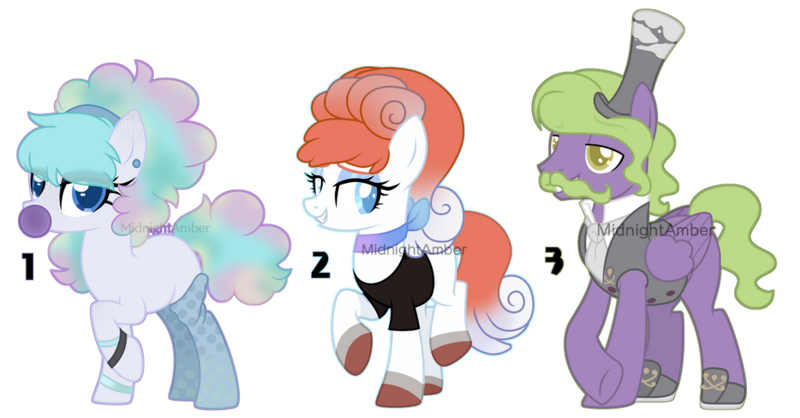 Size: 1024x535 | Tagged: safe, artist:midnightamber, derpibooru import, oc, earth pony, galarian ponyta, pegasus, pony, ponyta, vulpix, adoptable, adopts for sale, alolan vulpix, bases used, blowing bubblegum, crossed legs, curly hair, female, food, galarian weezing, gum, hat, male, mare, multicolored hair, paypal, pokemon theme, pokémon, raised hoof, simple background, top hat, transparent background, wavey hair, wavy mustache