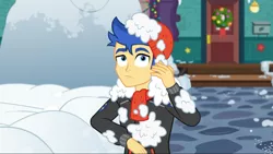 Size: 1280x720 | Tagged: safe, derpibooru import, screencap, flash sentry, equestria girls, equestria girls series, holidays unwrapped, spoiler:eqg series (season 2), clothes, hat, male, scarf, snow