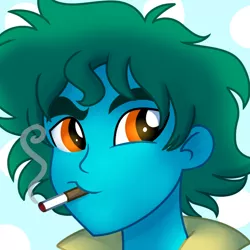 Size: 1000x1000 | Tagged: safe, artist:wubcakeva, derpibooru import, oc, oc:azure glide, unofficial characters only, equestria girls, alternate hairstyle, anime, bust, cigarette, commission, cowboy bebop, male, smoking, spike spiegel