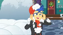 Size: 1280x720 | Tagged: safe, derpibooru import, screencap, flash sentry, equestria girls, equestria girls series, holidays unwrapped, spoiler:eqg series (season 2), clothes, hat, male, scarf, snow