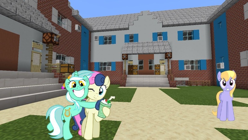 Size: 1334x750 | Tagged: safe, artist:bluemeganium, artist:marble-soda, derpibooru import, edit, editor:topsangtheman, bon bon, cloud kicker, lyra heartstrings, sweetie drops, pegasus, pony, unicorn, house, looking at you, minecraft, photoshop