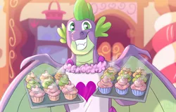 Size: 4700x3000 | Tagged: apron, artist:glitterstar2000, clothes, cupcake, derpibooru import, dragon, food, heart, naked apron, older, older spike, safe, smiling, solo, spike, sugarcube corner, tray, winged spike