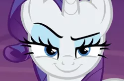 Size: 1726x1135 | Tagged: safe, derpibooru import, screencap, rarity, pony, unicorn, made in manehattan, close-up, female, horn, lidded eyes, looking at you, mare, rarismug, smiling, smirk, solo