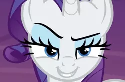 Size: 1301x848 | Tagged: safe, derpibooru import, screencap, rarity, pony, unicorn, made in manehattan, close-up, dreamworks face, female, horn, lidded eyes, looking at you, mare, rarismug, smiling, smirk, solo