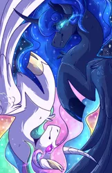 Size: 3850x5950 | Tagged: safe, artist:kittyisawolf, derpibooru import, princess celestia, princess luna, alicorn, pony, colored pupils, curved horn, duo, fangs, glowing eyes, horn, mirrored, royal sisters, signature, yin-yang