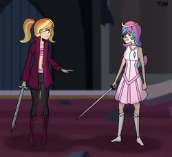 Size: 1920x1758 | Tagged: alternate timeline, alternate universe, artist:banquo0, clothes, derpibooru import, duel, evil flurry heart, human, humanized, luster dawn, midriff, older, older flurry heart, princess flurry heart, safe, sword, weapon