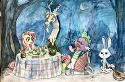 Size: 2346x1536 | Tagged: safe, artist:sildesalaten, derpibooru import, angel bunny, discord, fluttershy, spike, draconequus, dragon, pegasus, rabbit, accordion, angel bunny is unamused, animal, candle, discoshy, female, food, lady and the tramp, male, mandolin, mare, musical instrument, night, pasta, shipping, singing, spaghetti, spaghetti scene, straight, table, this will end in kisses, traditional art, tree, watercolor painting