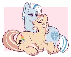 Size: 868x696 | Tagged: safe, artist:lulubell, derpibooru import, oc, oc:frost, oc:lulubell, unofficial characters only, earth pony, pony, eyes closed, female, frostbell, male, mare, nuzzling, oc x oc, prone, shipping, stallion, straight, unshorn fetlocks