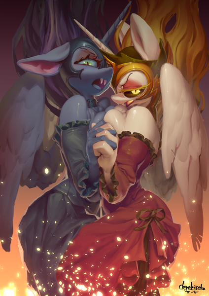 Size: 2480x3508 | Tagged: alicorn, anthro, artist:derekireba, bare shoulders, bedroom eyes, boob squish, breasts, cleavage, clothes, collar, crown, daybreaker, derpibooru import, dress, duo, duo female, fangs, female, flowing mane, helmet, holding hands, jewelry, looking at you, mare, nightmare moon, questionable, regalia, side slit, symmetrical docking, wings