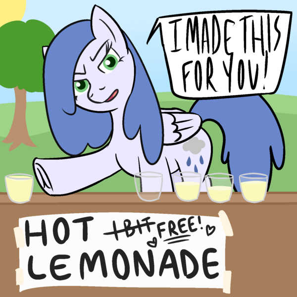 Size: 1500x1500 | Tagged: safe, artist:poniidesu, derpibooru import, oc, oc:raincloud drops, unofficial characters only, pegasus, pony, /mlp/, 4chan, angry, drawthread, female, glass, hot kool aid, juice, kool-aid, lemonade, lemonade stand, looking at you, mare, sign, solo, speech, speech bubble, summer, talking, text, tree, underhoof