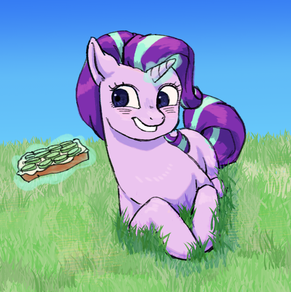 Size: 1118x1119 | Tagged: artist needed, safe, artist:anonymous, derpibooru import, starlight glimmer, pony, unicorn, bread, cucumber, cucumber sandwiches, female, food, glowing horn, grass, grin, horn, lying down, mare, prone, sandwich, smiling, solo