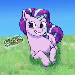 Size: 1118x1119 | Tagged: artist needed, safe, artist:anonymous, derpibooru import, starlight glimmer, pony, unicorn, bread, cucumber, cucumber sandwiches, female, food, glowing horn, grass, grin, horn, lying down, mare, prone, sandwich, smiling, solo