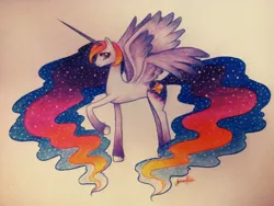 Size: 1024x768 | Tagged: safe, artist:rina-senpai, derpibooru import, princess celestia, princess luna, alicorn, pony, seraph, seraphicorn, female, four wings, fusion, mare, multiple wings, traditional art, wings