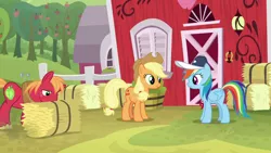 Size: 1920x1080 | Tagged: safe, derpibooru import, screencap, applejack, big macintosh, rainbow dash, earth pony, pegasus, pony, 2 4 6 greaaat, apple, applejack's hat, barn, bucket, cap, cowboy hat, farm, female, folded wings, food, freckles, hat, hay, hay bale, hay stalk, male, sweet apple acres, tree, whistle, whistle necklace, wings