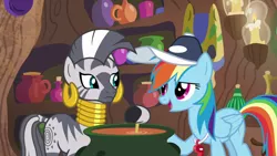 Size: 1920x1080 | Tagged: safe, derpibooru import, screencap, rainbow dash, zecora, pegasus, pony, zebra, 2 4 6 greaaat, candle, cap, cauldron, ear piercing, earring, female, folded wings, hat, hoof hold, jewelry, looking at each other, open mouth, piercing, potion, potions, ring, whistle, whistle necklace, wings, zecora's hut