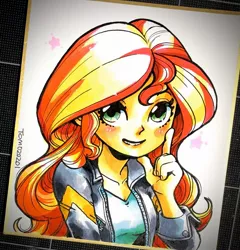 Size: 1769x1846 | Tagged: safe, artist:babtyu, derpibooru import, sunset shimmer, equestria girls, clothes, female, jacket, leather jacket, looking at you, marker drawing, solo, traditional art